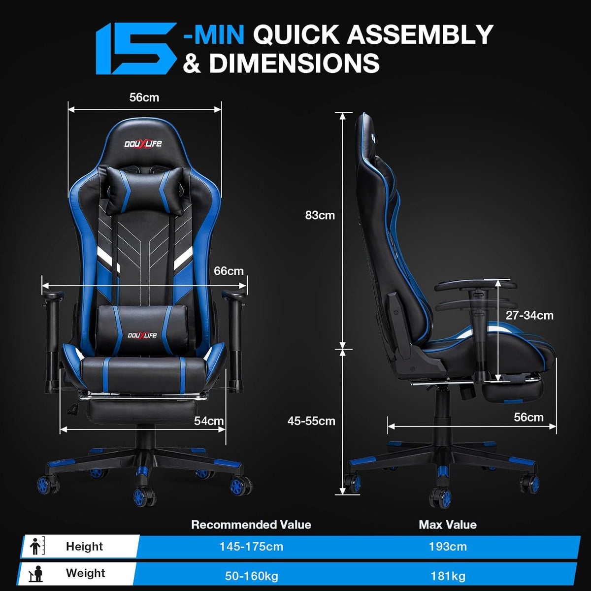 Douxlife Gaming Stoel, met 7-punts Massage, Ergonomische bureaustoel met Voetensteun, 90-175° Rugleuning Instelbaar, Verstelbare 2D-Armleuning, PC-gamerstoel, Bureaustoel, 180 kg, Zwart-blauw