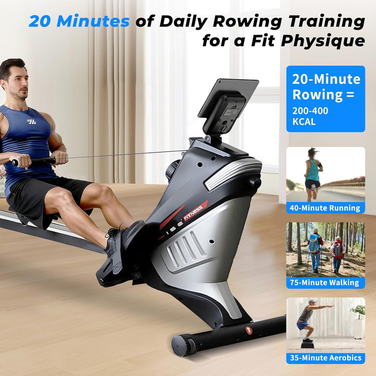ISE Roeitoestel voor thuis, magnetisch roeitoestel met app en lcd-display en 8 weerstandsniveaus, stil, magnetisch roeitoestel, stil thuisroeitoestel voor cardio-training, indoor-apparaat voor