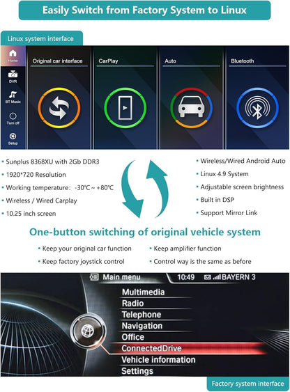 Ninetom 10,25" Apple CarPlay/Android Auto/Mirrorlink/GPS autoradio voor BMW 5-serie F10/F11 2012-2016 met NBT autoradio met touchscreen, auto-GPS-navigatie, ingebouwde DSP