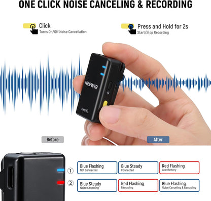 NEEWER CM28 Draadloos lavaliermicrofoonsysteem, 1 klik ruisonderdrukking, 4 GB geheugen voor 9 uur 48 kHz 16 bit niet-gecomprimeerde audio, microfoon compatibel met iPhone/Android/PC/camera/iPad