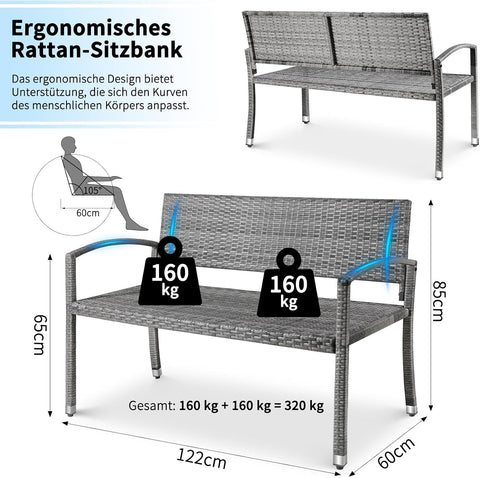 Tuinbank - Buitenbank - Terrasbank - Balkonbank - 2-zitsbank - met Staal Frame - Armsteunen - Tuinmeubelen - voor Tuin - Terras - Balkon - Polyrotan - 122 x 60 x 85 cm - Grijs