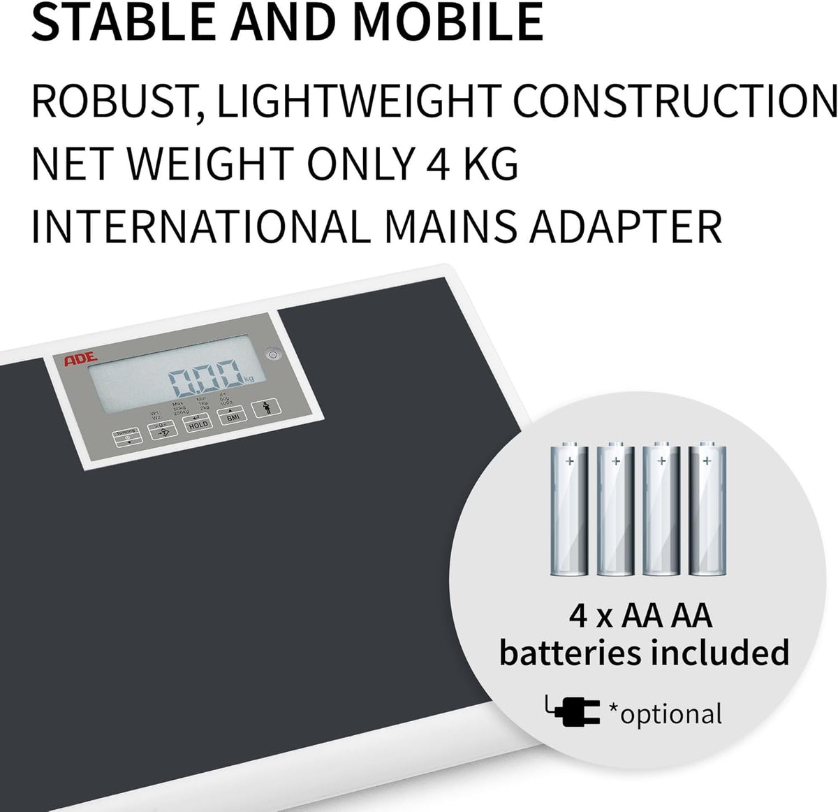 ADE Medische personenweegschaal M320600 Professionele weegschaal tot 250 kg, extra breed weegoppervlak, Mdd gecertificeerd, BMI, Hold-functie, draaibaar display 38 cm x 30, 5 cm x 6, 4 cm, 4,2 kg