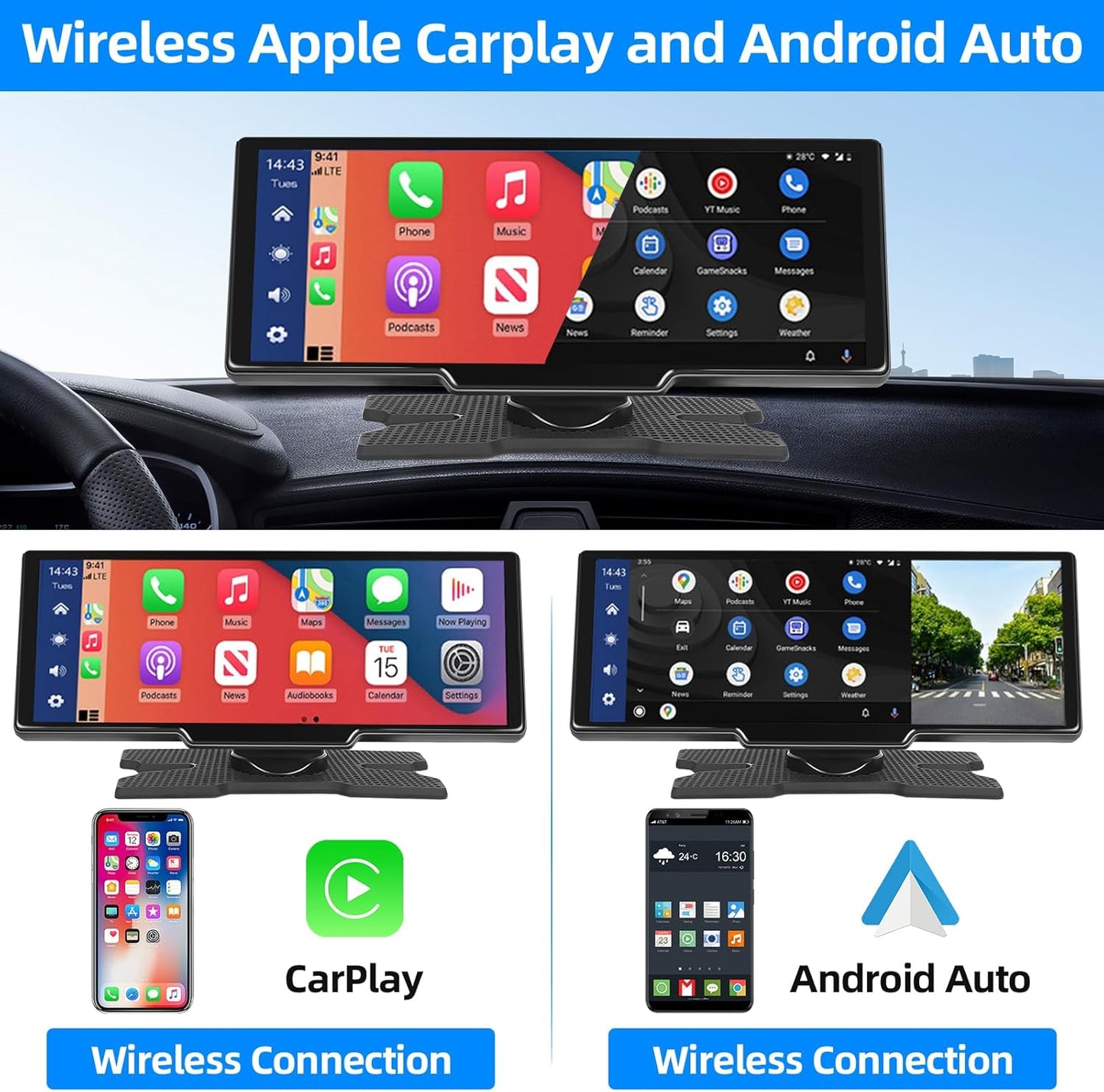 Podofo 10,26 inch draagbare autoradio met draadloos A-pple Carplay Android autorecorder scherm, 7-32V touchscreen met stemassistent/Bluetooth/FM zender/AUX/TF kaart