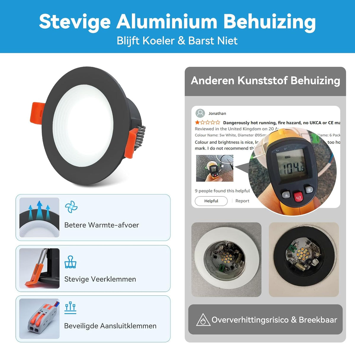 KEELED Zwarte Inbouwspots voor Plafond, Inbouwverlichting met Nachtlampfunctie, 230V, 6W, 3 kleurtemperaturen 3000K/4000K/6000K selecteerbaar, 70-85mm inbouwgat, 24 stuks