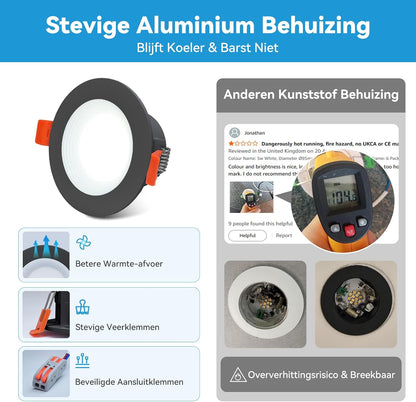 KEELED Zwarte Inbouwspots voor Plafond, Inbouwverlichting met Nachtlampfunctie, 230V, 6W, 3 kleurtemperaturen 3000K/4000K/6000K selecteerbaar, 70-85mm inbouwgat, 24 stuks