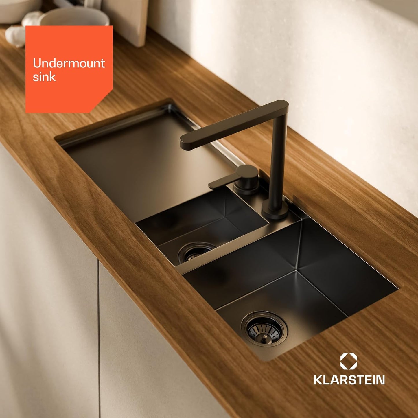 Klarstein - Keukenspoelbak van roestvrij staal, 100 x 45 cm - 1 wastafel met overloop en 2 wastafels - wastafelstop en filter inbegrepen - Robuust en gemakkelijk te reinigen