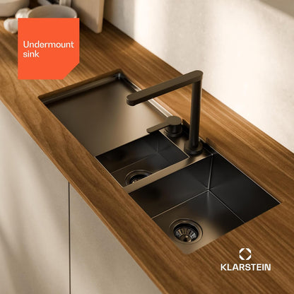 Klarstein - Keukenspoelbak van roestvrij staal, 100 x 45 cm - 1 wastafel met overloop en 2 wastafels - wastafelstop en filter inbegrepen - Robuust en gemakkelijk te reinigen