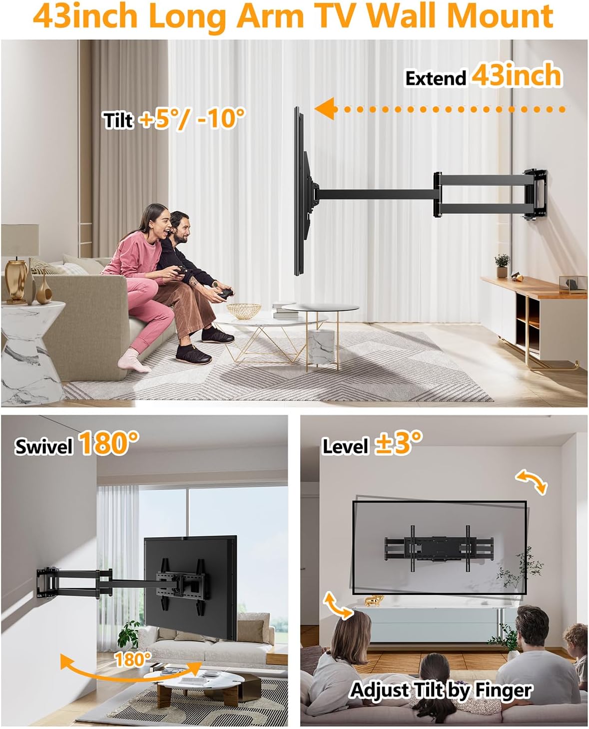 TV Muurbeugel – TV Beugel – TV Wandbeugel – TV Muursteun – TV Ophangbeugel – Voor 50-90 Inch TV's – Extra Lange Arm Tot 1090 Mm