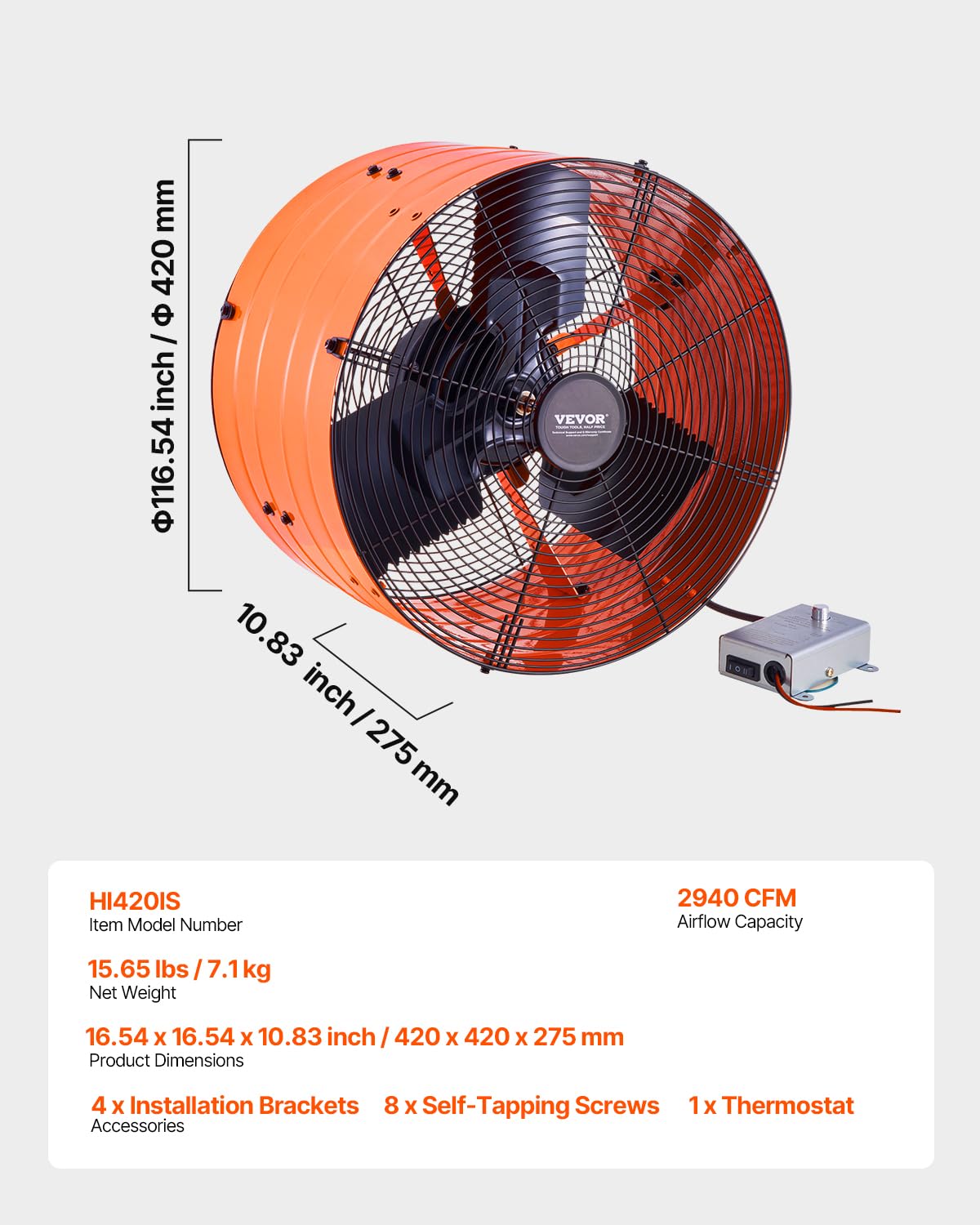 Afzuigventilator – Ventilator – Gevelventilator – Zolderventilator – Dakventilator – Krachtige Luchtstroom 1387,5 l/s – Instelbare Thermostaat