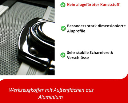 FAMEX 420-18 aluminium gereedschapskoffer, gevuld met topgereedschapsset en dopsleutelset, uitgerust voor commercieel gebruik