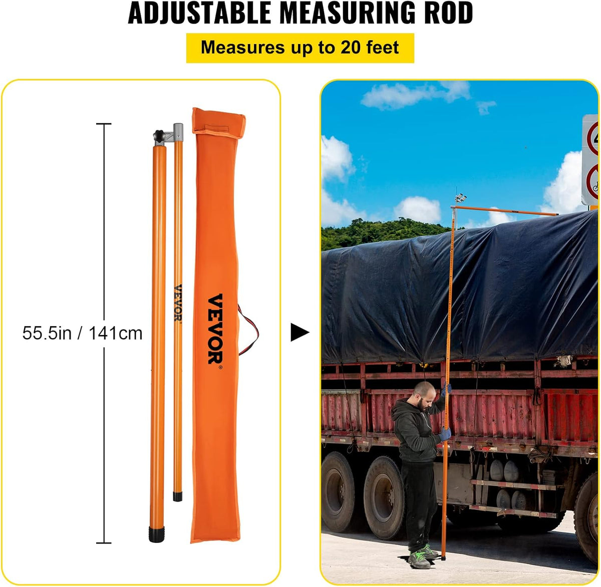 VEVOR Load Height Measuring Stick, 20' Sturdy Fiberglass Truck Height Stick with Adjustable Pole, Non-Conductive Truck Height Measuring Stick with Carry Bag, Height Stick for Trucks, Car Transporters