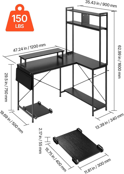 VEVOR Computer-gamingbureau, L-vormig, omkeerbaar, 1200 x 900 x 1600 mm, met stopcontacten, CPU-standaard, planken, gamingtafel voor pc, thuiskantoor