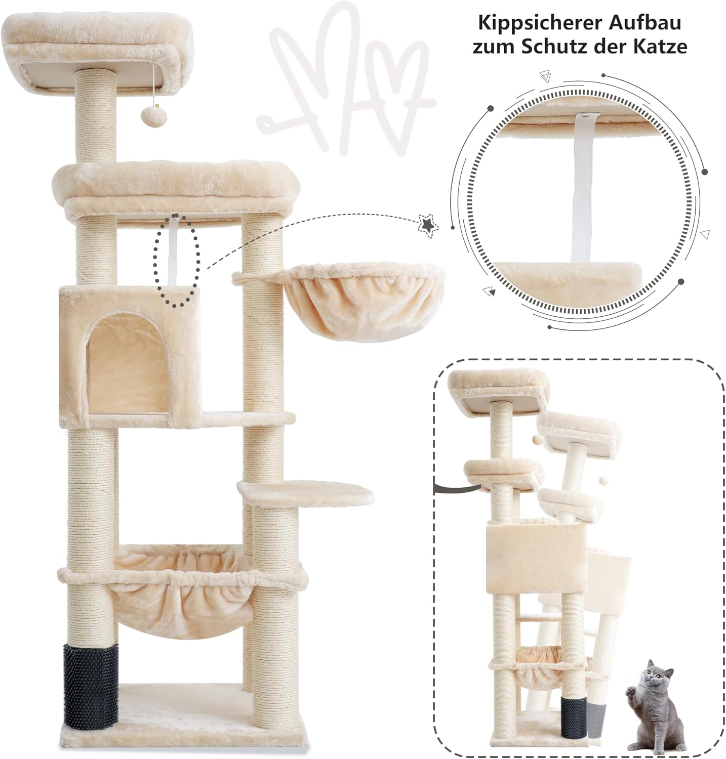 Krabpaal – Kattenboom – Kattenmeubel – Krabmeubel – Krabton – Extra Groot – 168 cm Hoog – 11 cm Sisal Palen – Grote Hangmatten – Beige - QUORE