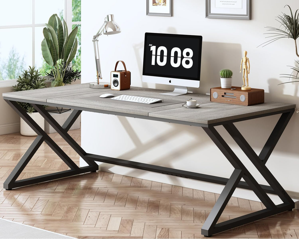 HSH Computerbureau, groot modern werkstation thuiskantoor, lange industriële studie gaming werk schrijfbureau voor 2 personen, boerderij dubbel houten executive pc tafel met opslag in slaapkamer zwart
