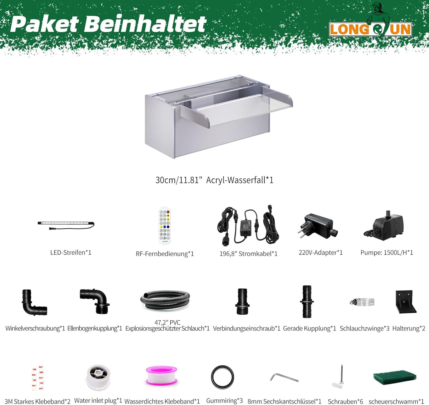 LONGRUN 30 cm vijver waterval, acryl zwembadwaterval met waterpomp, 7 kleuren Bluetooth LED tuinfontein
