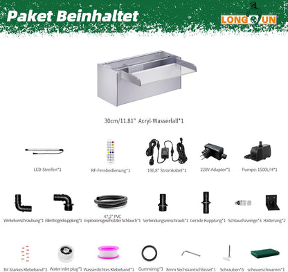 LONGRUN 30 cm vijver waterval, acryl zwembadwaterval met waterpomp, 7 kleuren Bluetooth LED tuinfontein