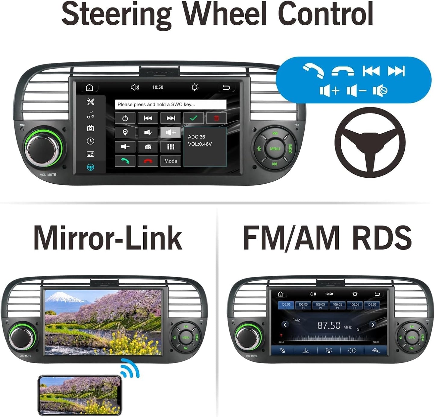 Carplay/Android für Fiat 500 2007-2015 Autoradio Bluetooth/FM/AM RDS (Zwart)