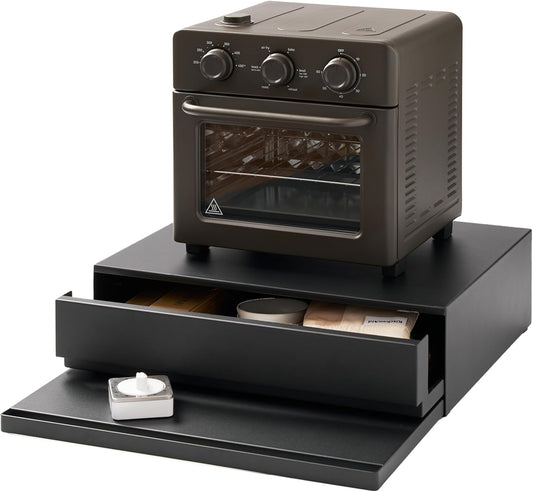 Yamazaki 2008 TOWER Sliding Countertop Tray with Drawer, black, Steel/Polypropylene/Silicone, 45 x 39.3~64 x 13.5 cm