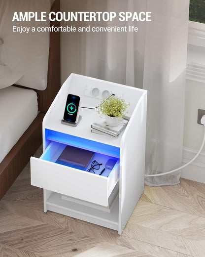 Hzuaneri Bedside Table with LED Light, Side Table with Charging Station, 1 Storage Drawer, Bedside Table for Bedroom, Living Room, 2 USB Ports, 2 Sockets, Set of 2, White NS09003X