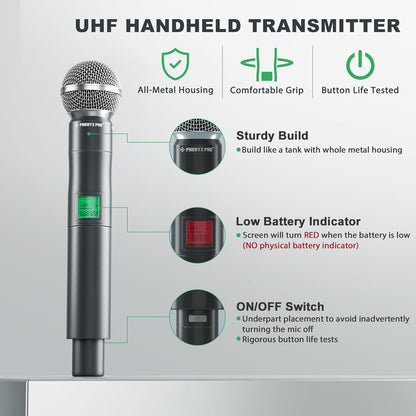 Phenyx Pro Draadloos microfoonsysteem, 4-kanaals UHF draadloze microfoonset met vier handmicrofoons, volledig metalen constructie, vaste frequentie, gebeurtenissen (PTU-5000A)