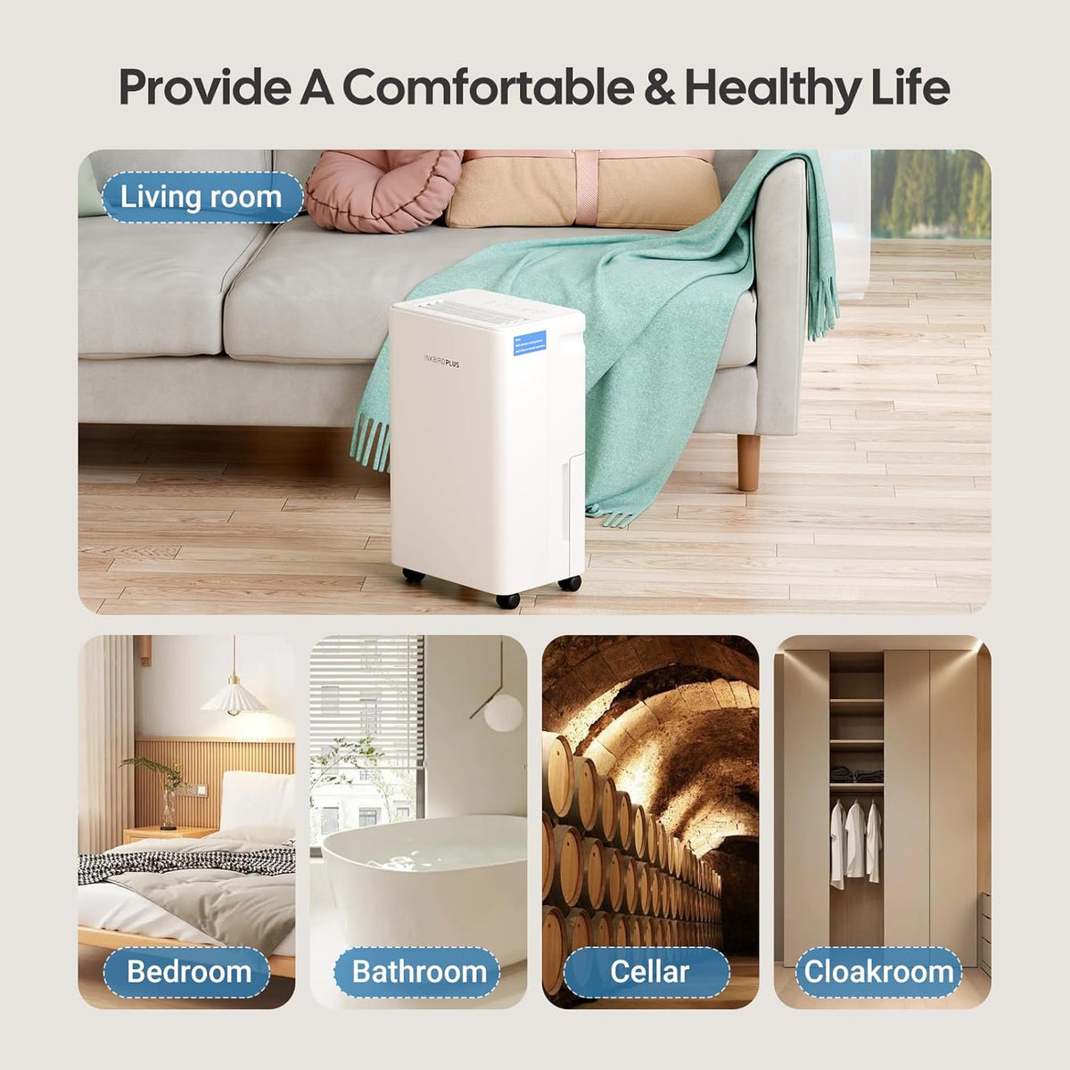 INKBIRDPLUS Home Dehumidifier, 12L/D Dehumidifier, 1800ml Water Tank, 3 Levels, Automatic Defrost, Timer and Child Lock, for Bedroom, Baby Room, Wardrobe, Closet, Basement