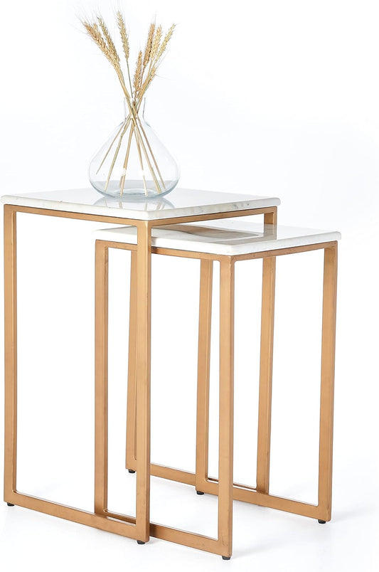 Penguin Home Bijzettafel Set van 2, Marmer & Strijkijzer, Wit & Goud, 38x38x61cm & 33x33x56cm