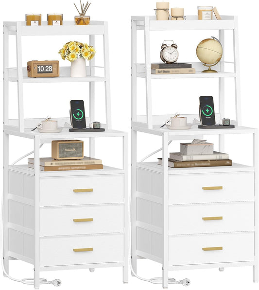 Hzuaneri Bedside Table Set of 2, Bedside Table with Charging Station and Metal Storage Shelf, 2 Sockets and 2 USB Ports, Side Table with 3 Fabric Drawers, For Bedroom, Living Room, White NS10613W