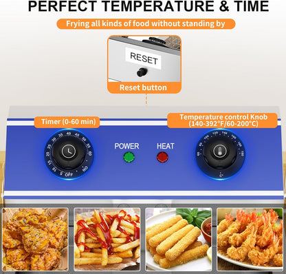 TAIMIKO Elektrische Friteuse, roestvrij staal, thermostaat 60 – 200 °C, frituermand en deksel, afneembaar bak (6L, met timer)