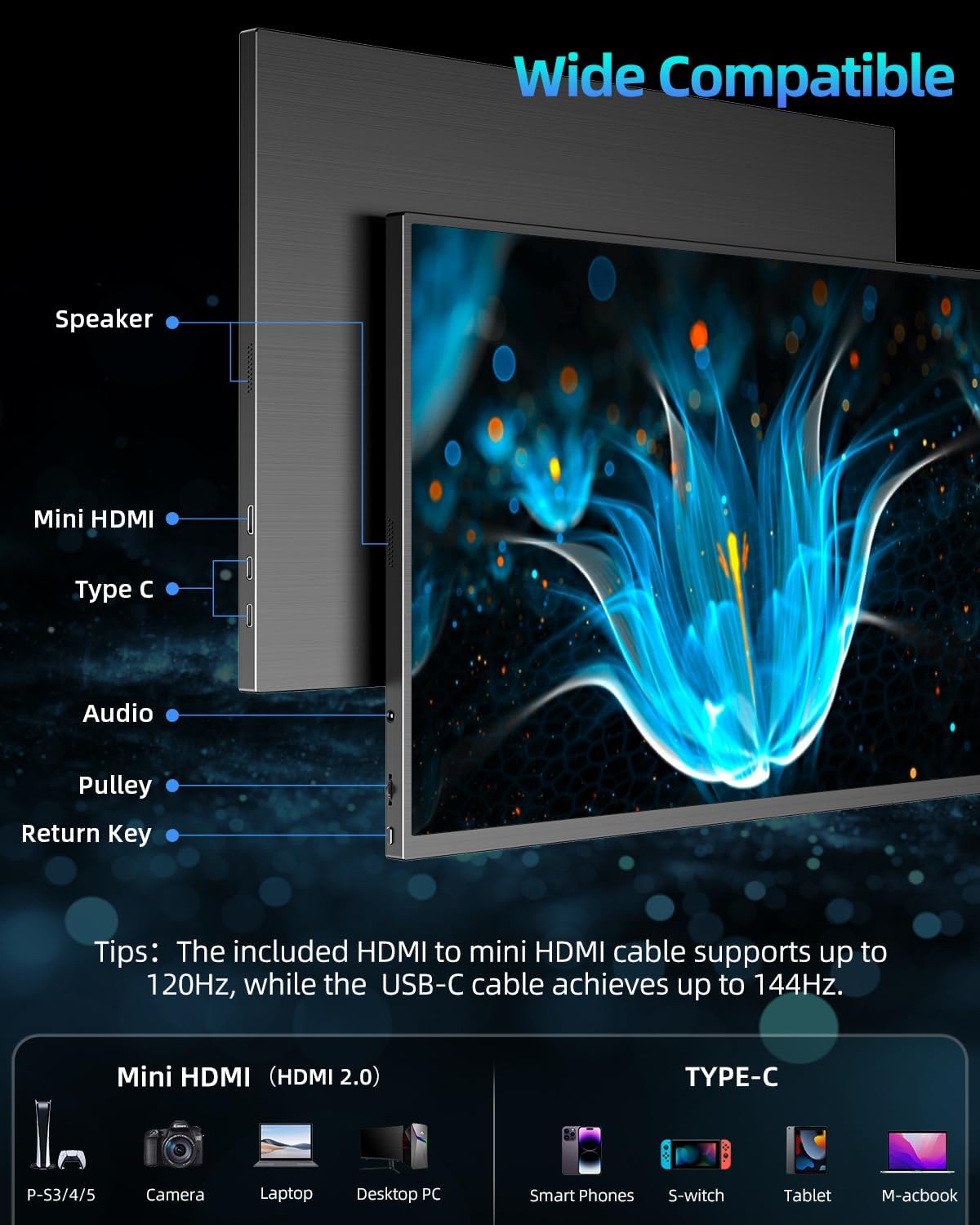 UPERFECT Portable Monitor QLED 18 Inch 2.5K 144Hz, 16:10, 100% DCI-P3 1500:1 500Nits Gaming Display 2560x1600 with HDMI & USB-C, Compatible with Laptop/PC, VESA Compatible - QUORE