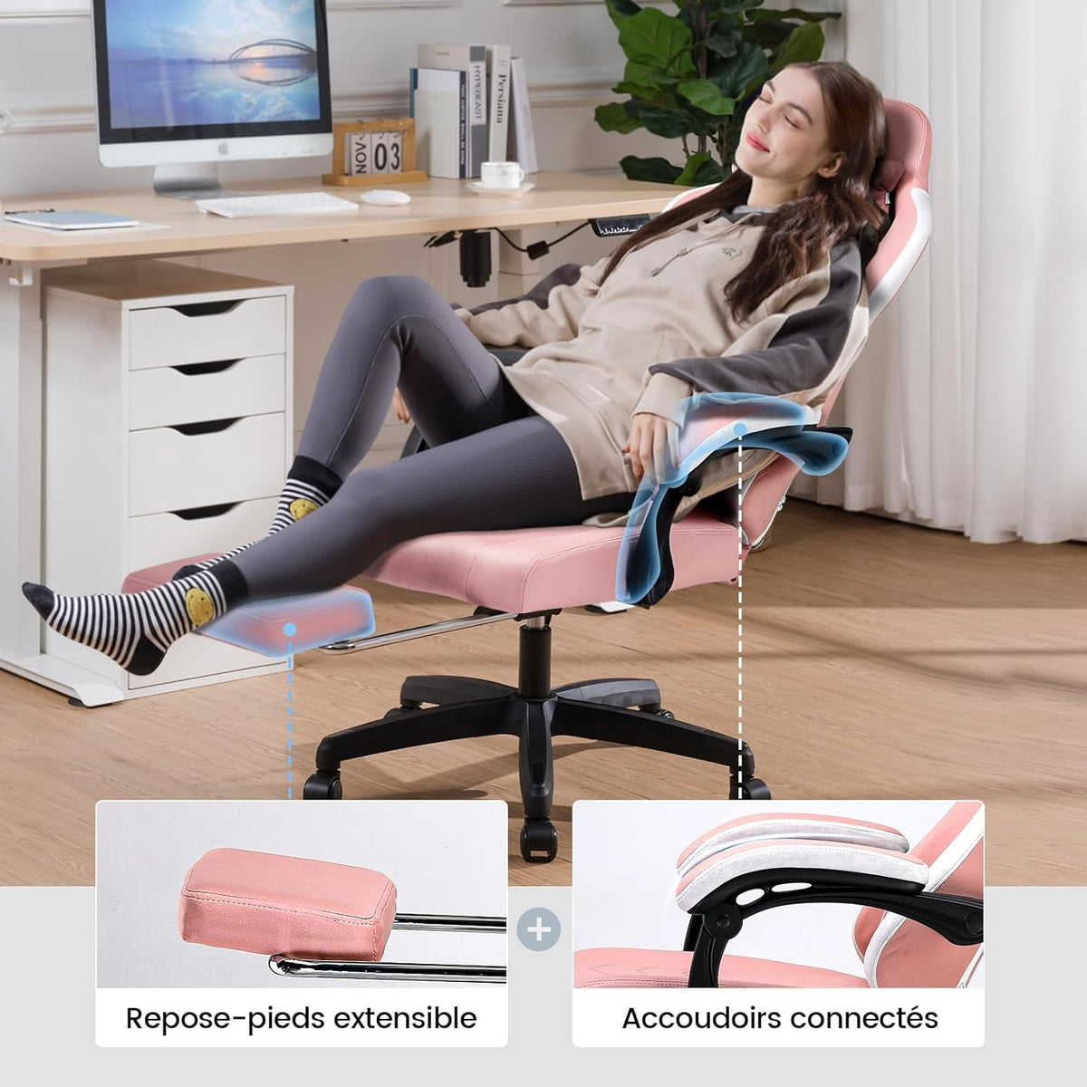 GTPLAYER Ergonomic gaming chair with fabric surface, seat cushion with springs, connecting armrests and footrest, pink - QUORE