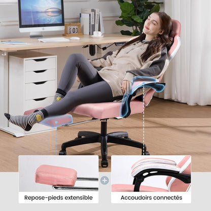 GTPLAYER Ergonomic gaming chair with fabric surface, seat cushion with springs, connecting armrests and footrest, pink - QUORE