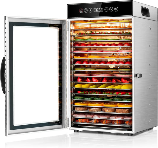 Kwasyo Commerciële Voedsel Dehydrator Machine 18-Tray, 800W Sneldrogende Dehydrater, 24H Timer, LED Display, Roestvrij Staal Dehydrator voor Vlees Jerky Rundvlees Fruit Kruid