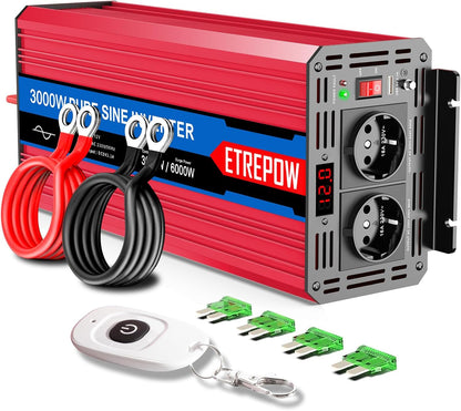 3000w/6000W Omvormer Zuivere Sinus Spanningsomvormer 12v 230v Stroomomvormers met 2 EU-stopcontact en 1 USB-poort, Draadloze Afstandsbediening