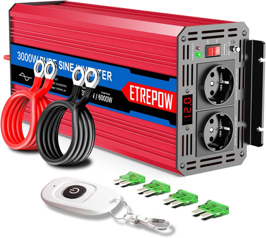 3000w/6000W Omvormer Zuivere Sinus Spanningsomvormer 12v 230v Stroomomvormers met 2 EU-stopcontact en 1 USB-poort, Draadloze Afstandsbediening