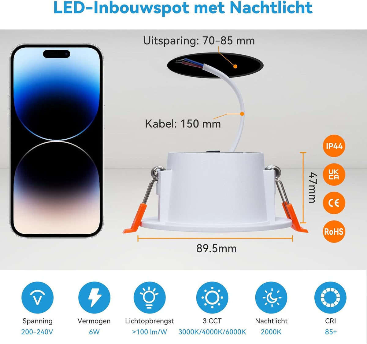 KEELED Inbouwspots voor Plafond, Inbouwverlichting met Nachtlampfunctie, 230V, 6W, 3 kleurtemperaturen 3000K/4000K/6000K selecteerbaar, 70-85mm inbouwgat, 24 stuks