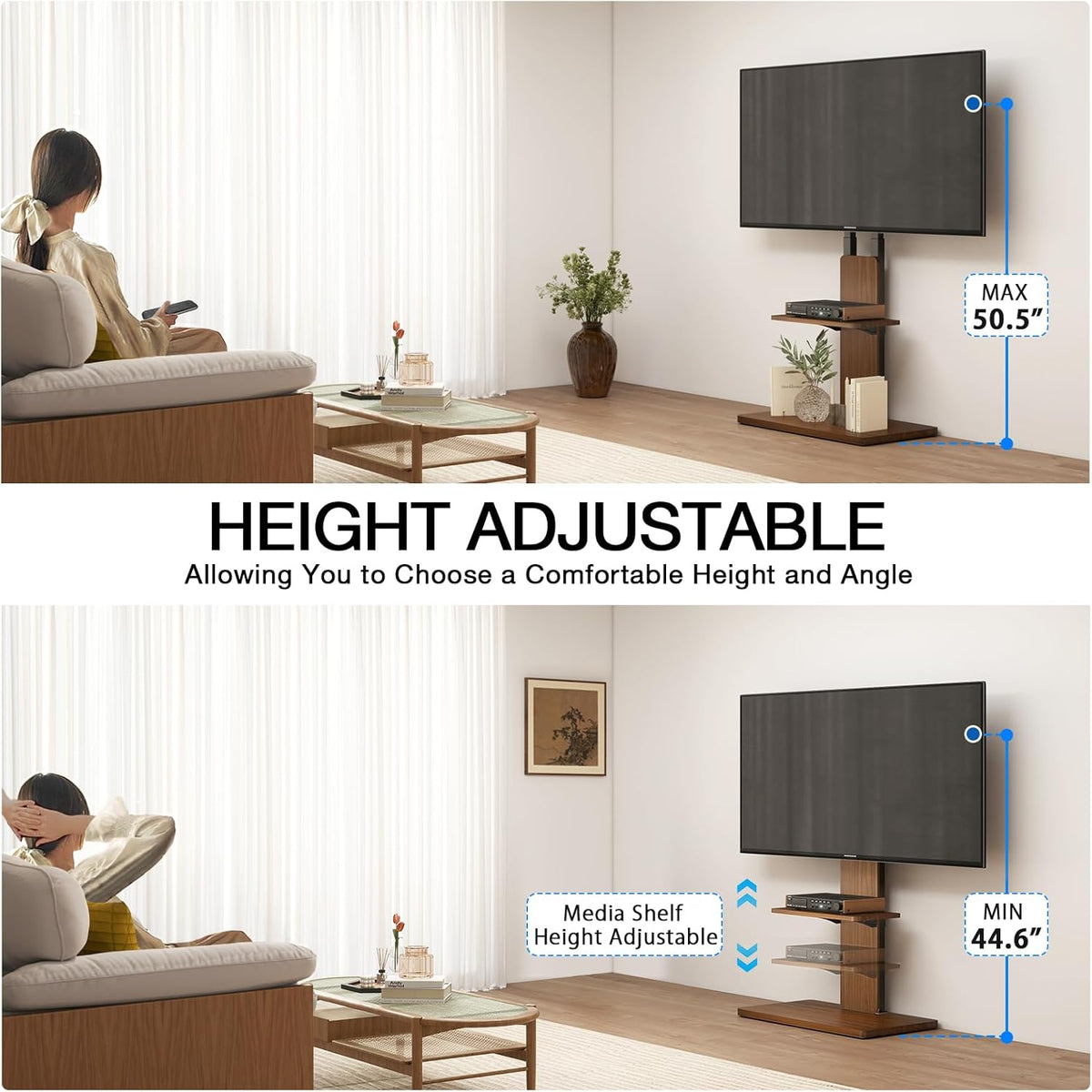 TVON TV vloerstandaard met verborgen wielen voor 32-70 inch tv's, in hoogte verstelbaar, tv-standaard tot 45 kg, met verstelbare houten plank, max. VESA 400 x 400 mm