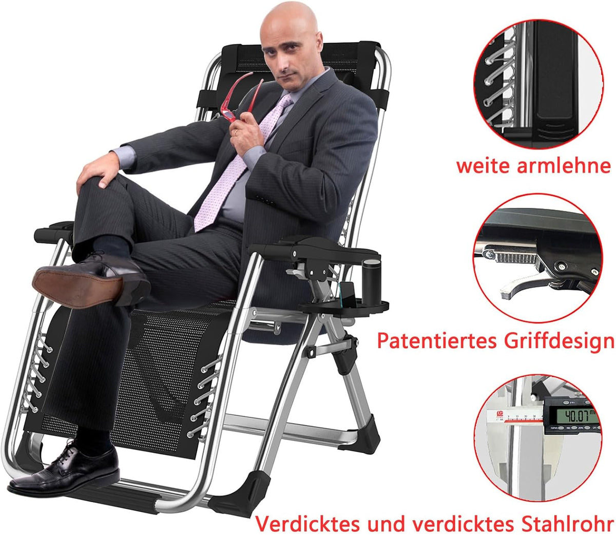 Zero Gravity Folding Sun Lounger Supports Up to 200 kg Recliner Foldable Sun Lounger Folding with Cup Holder Cushion Headrest for Garden, Patio or Balcony (Silver, 83 cm)