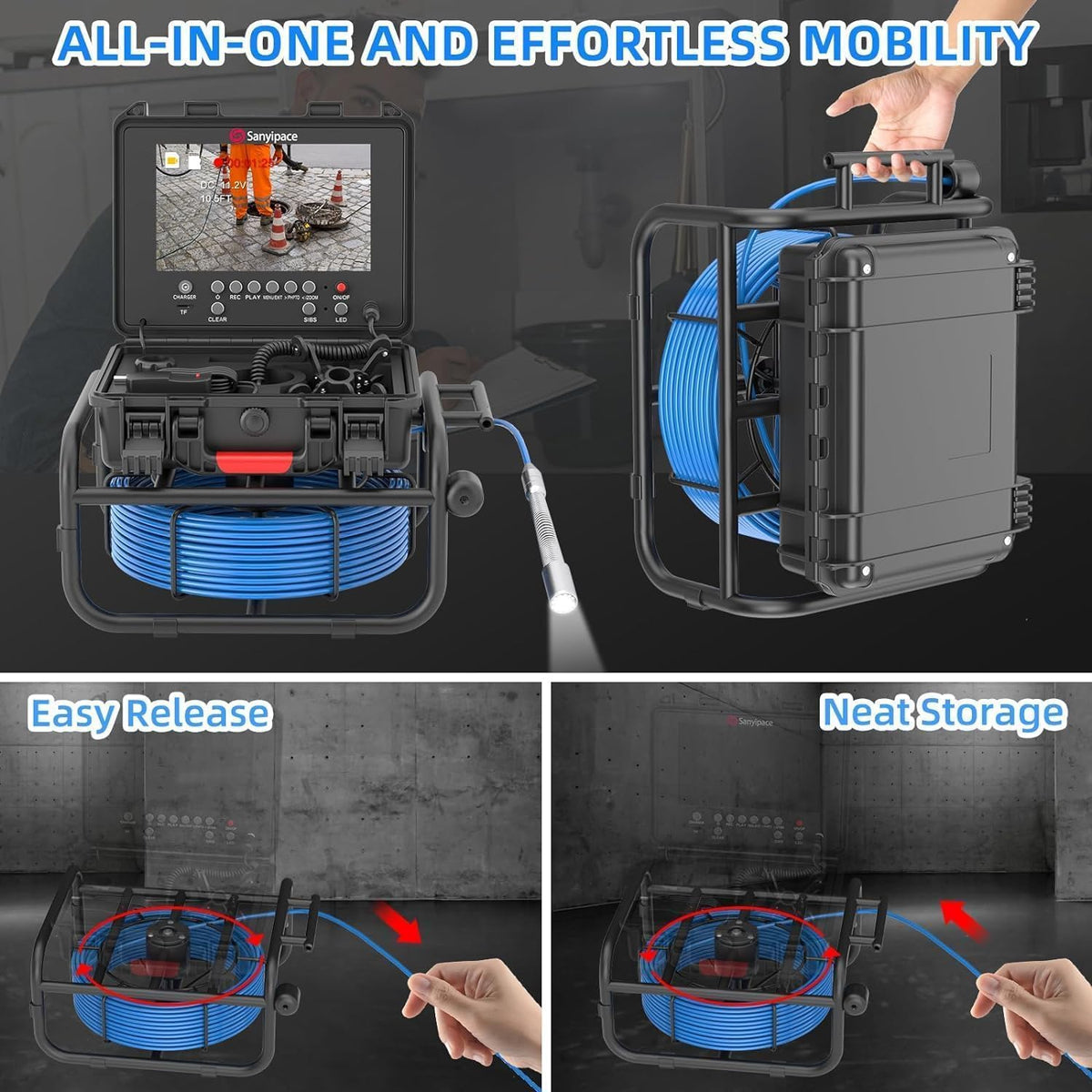 Sanyipace Inspectiecamera voor buizen 30 m, buisinspectiecamera met DVR, IP68, waterdicht, kleurenscherm van 9 inch met afstandsmeter, professionele videoinspectie