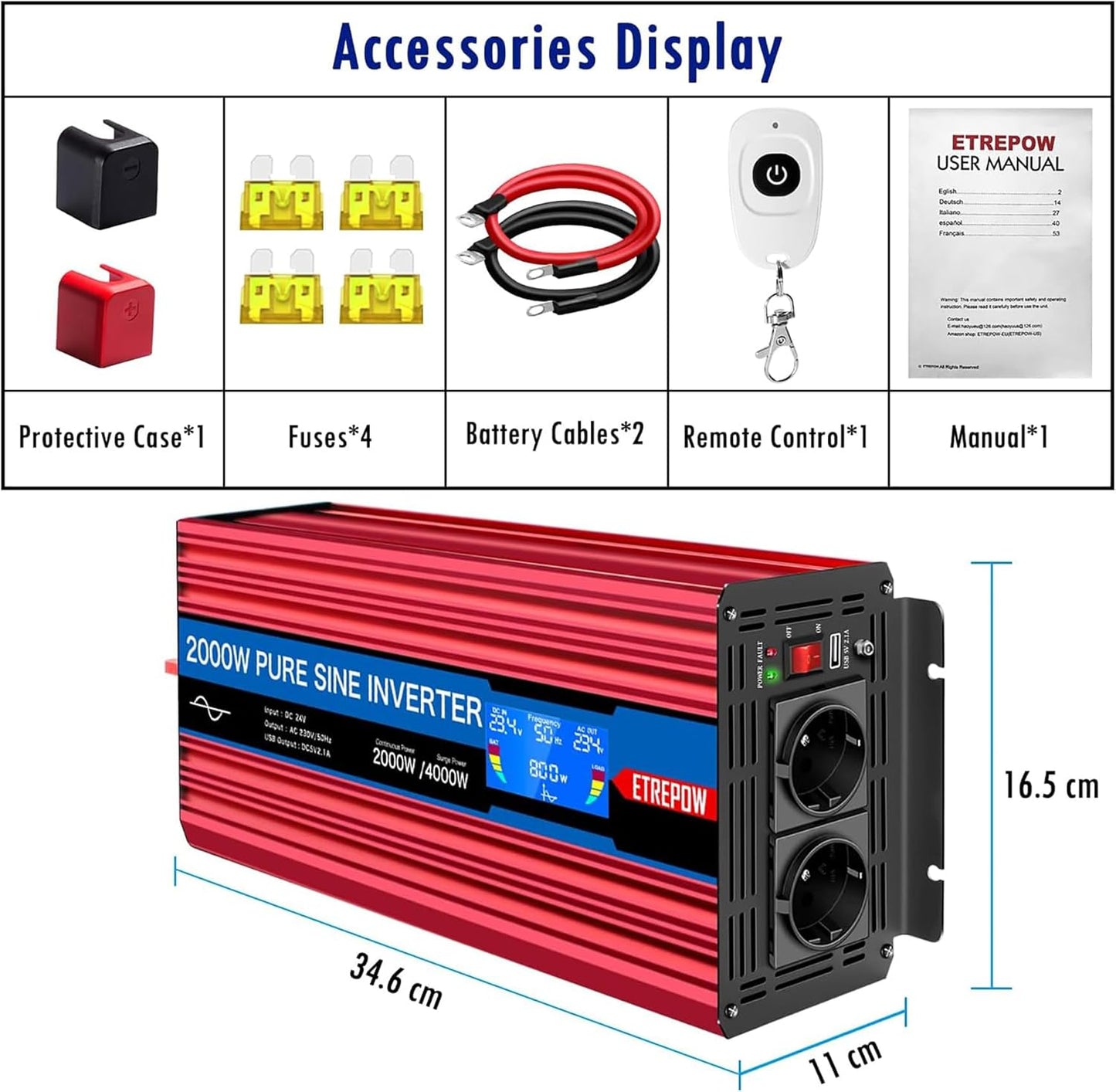 Omvormer 2000W/4000W 24V naar 230V Pure Sinus Volt ETREPOW Auto spanningsomvormer Omvormer Converter Pure Sine Wave Power Inverter DC AC omvormer (Draadloze afstandsbediening, display)