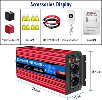 Omvormer 2000W/4000W 24V naar 230V Pure Sinus Volt ETREPOW Auto spanningsomvormer Omvormer Converter Pure Sine Wave Power Inverter DC AC omvormer (Draadloze afstandsbediening, display)