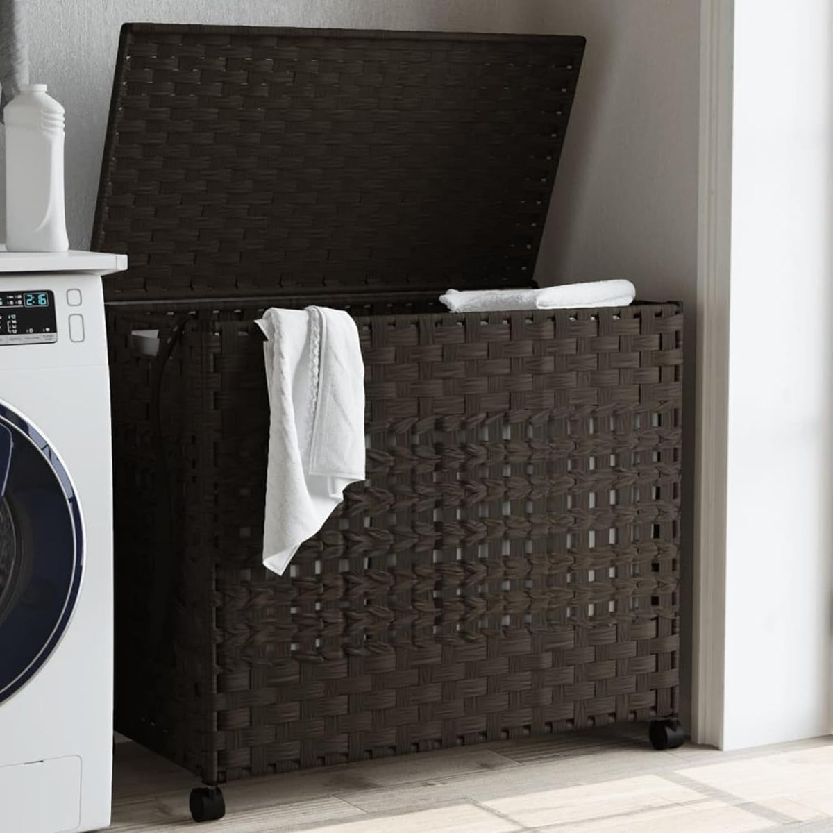 Wasmand Met Wieltjes – Wasbak – Laundry Basket – Wascontainer – Wasmand Rattan – Handgeweven Rattan & 3 Vakken – Inclusief Wielen Met Remmen