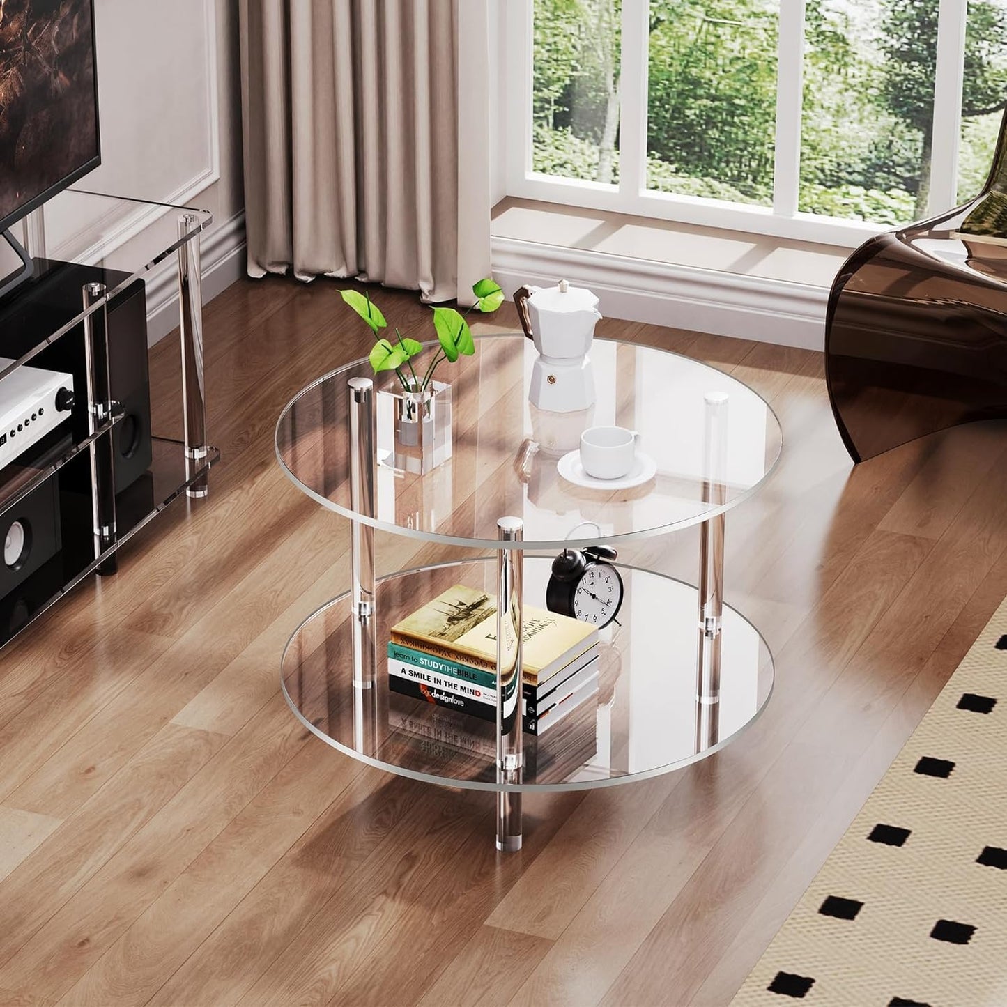 Acryl salontafel voor woonkamer, rond, Lucite tafel met open opbergrek, doorzichtig