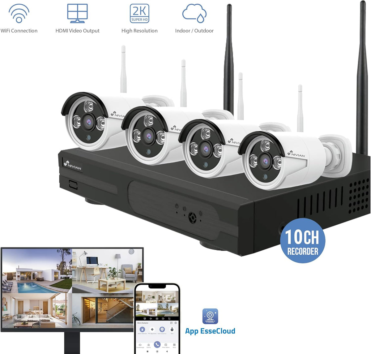 Nivian Draadloze bewakingscameraset, 2K, met 10-kanaals recorder en 4 waterdichte buitencamera's, IP66, nachtzicht, bewegingsdetectie, eenvoudige installatie zonder kabel, meldingen in de app