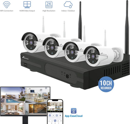 Nivian Draadloze bewakingscameraset, 2K, met 10-kanaals recorder en 4 waterdichte buitencamera's, IP66, nachtzicht, bewegingsdetectie, eenvoudige installatie zonder kabel, meldingen in de app