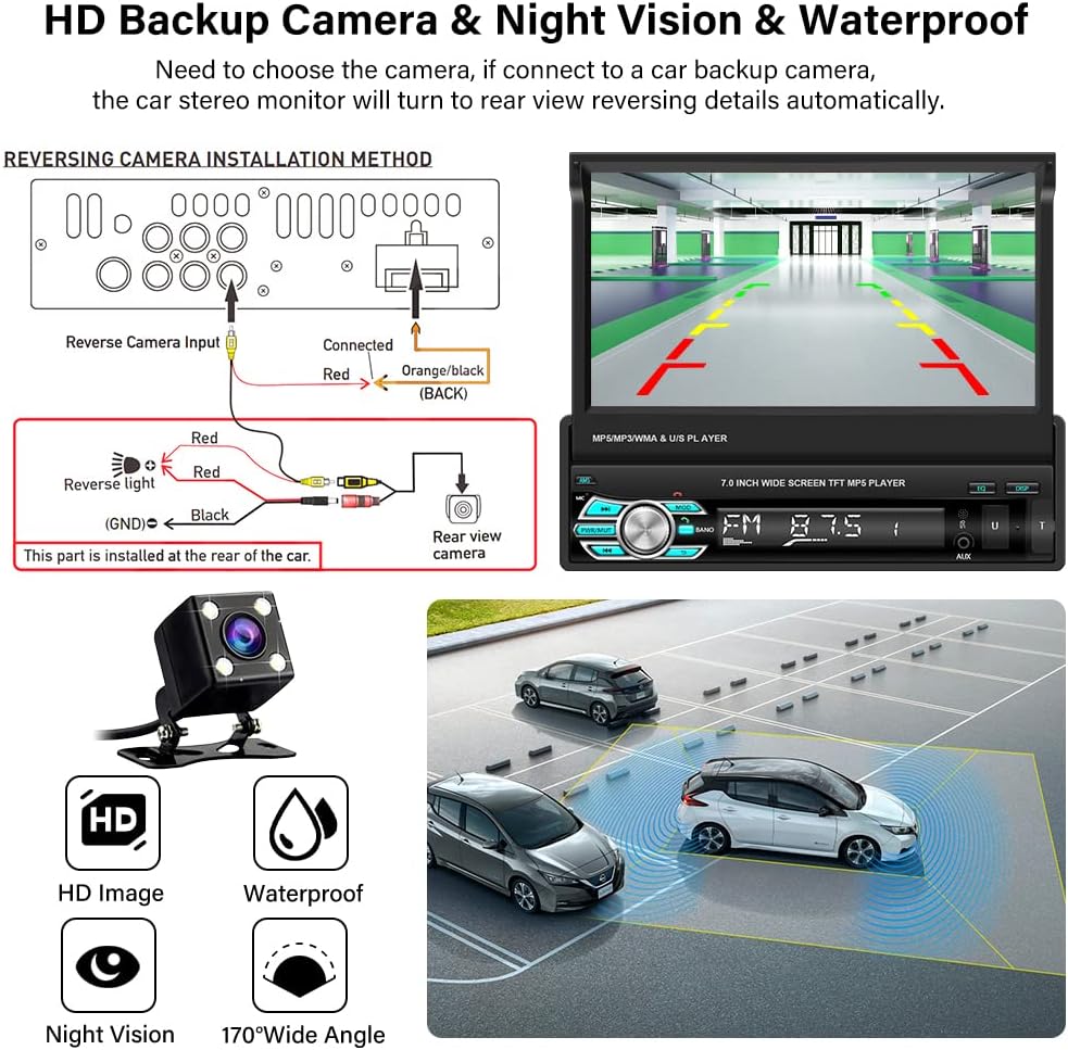Hikity 1 Din Apple Carplay autoradio met uitschuifbaar scherm, Android autoradio met 7 inch touchscreen, radio met Bluetooth handsfree, FM USB/AUX+achteruitrijcamera
