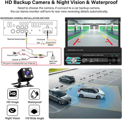Hikity 1 Din Apple Carplay autoradio met uitschuifbaar scherm, Android autoradio met 7 inch touchscreen, radio met Bluetooth handsfree, FM USB/AUX+achteruitrijcamera