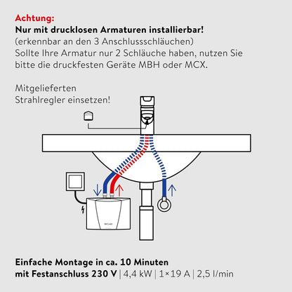 CLAGE M4 hydraulische kleine doorstroomboiler, alleen voor wastafel, 4,4 kW, zonder stekker, 230 V vaste aansluiting, alleen voor drukloze armaturen [energieklasse A]