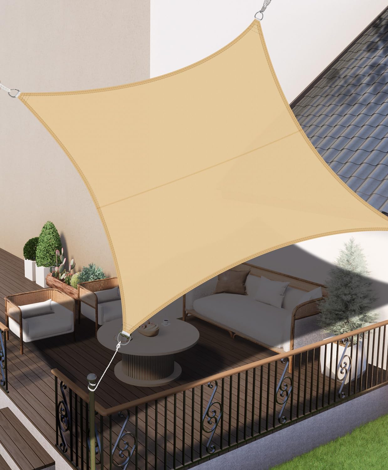 LOVE STORY Zonneschermdoek 5x5m Rechthoekig Zonwering Waterdicht UV-Bescherming Polyester voor Terras, Tuin, Terrasoverkapping (Zandkleur)
