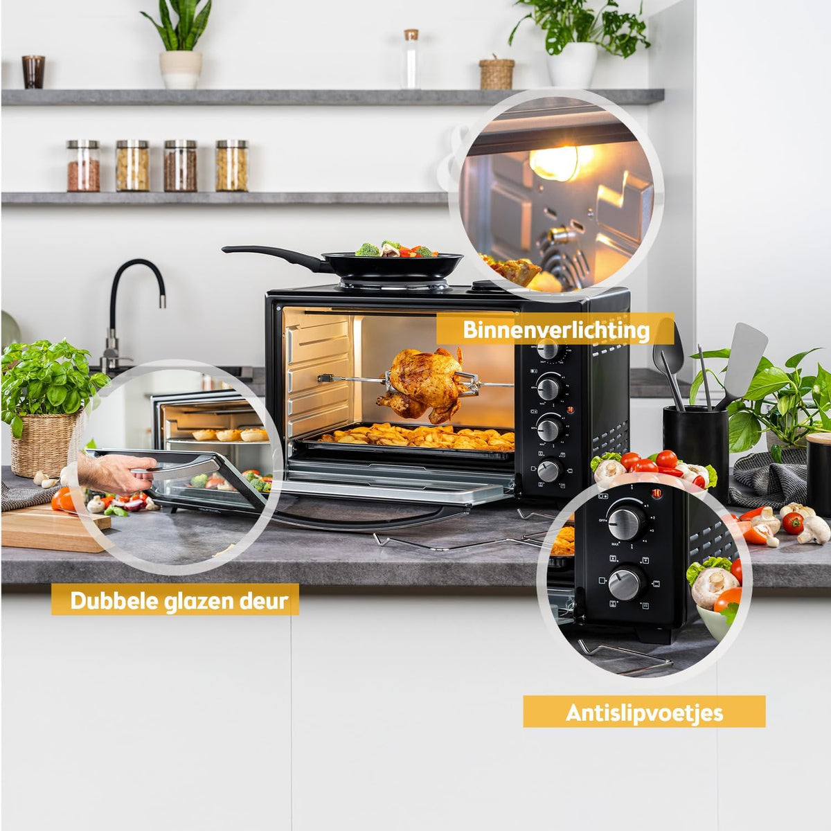 TZS First Austria - Minibakoven met kookplaten 30L 3200 W - Mini oven pizzaoven met kookplaten tot 230°C & 6 verwarmingsmodi - Minioven combi-apparaat met 4 inschuifhoogtes & hoogwaardig toebehoren