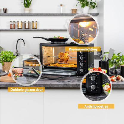 TZS First Austria - Minibakoven met kookplaten 30L 3200 W - Mini oven pizzaoven met kookplaten tot 230°C & 6 verwarmingsmodi - Minioven combi-apparaat met 4 inschuifhoogtes & hoogwaardig toebehoren